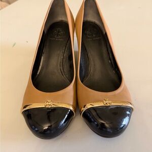 Tory Burch Tan and Black Heels with Gold Detail